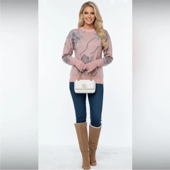 Pink & Gray Floral Print Crewneck Knit Sweater Size Medium - Picture 7 of 8